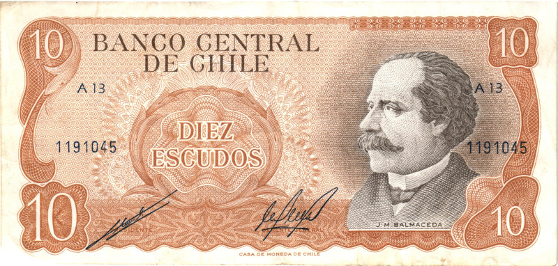 Chile 10 Escudos 1974 (ND)

P# 143, N# 205219; # A13 1191045; XF