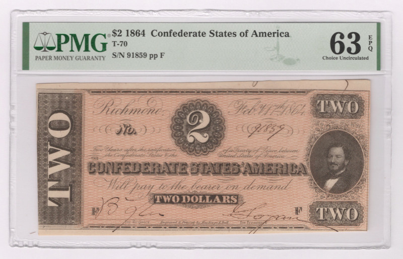 United States Confederate States of America 2 Dollars 1864 PMG 63 EPQ

Fr# T-7...