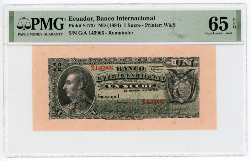 Ecuador 1 Sucre 1884 (ND) Remainder PMG 65 EPQ Gem Uncirculated

P# S172r, N# ...