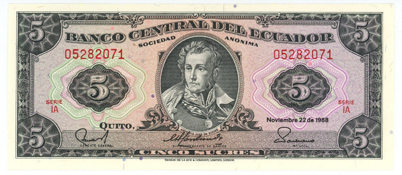 Ecuador 5 Sucres 1988

P# 113d, N# 204253; # IA 05282071; UNC