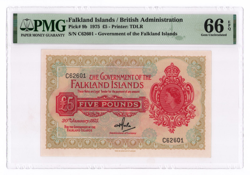 Falkland Islands 5 Pounds 1975 PMG 66 EPQ

P# 9b, N# 212058; # C62601; Printer...