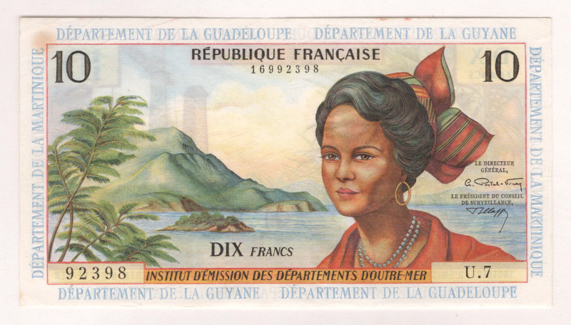 French Antilles 10 Francs 1964 (ND)

P# 8b, N# 204369; # U.7 92398; XF