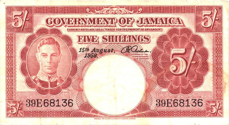 Jamaica 5 Shillings 1958

P# 37b, N# 202436; # E 39 68136; VF