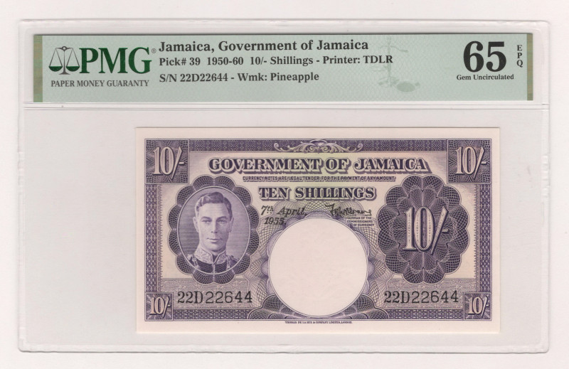 Jamaica 10 Shillings 1955 PMG 65 EPQ

P# 39c, N# 207388; # 22D22644; Printer: ...