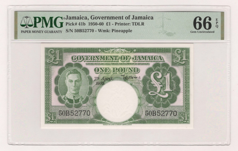 Jamaica 1 Pound 1955 PMG 66 EPQ

P# 41b, N# 218653; # 50B552770; Wmk: Pineappl...