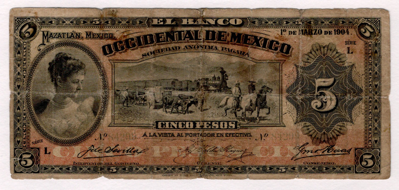 Mexico El Banco Occidental de Mexico 5 Pesos 1904

P# S408c, # L 84299; F