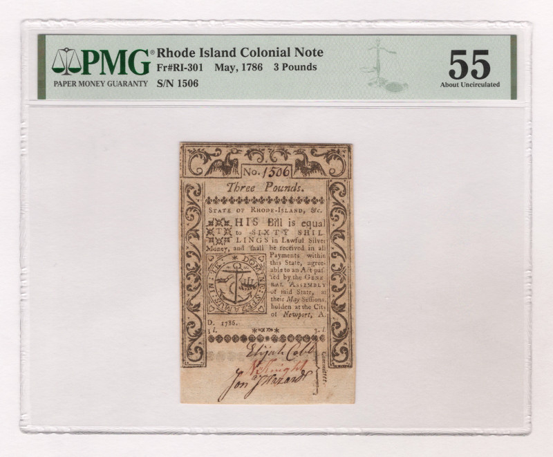 United States Colonial Rhode Island 3 Pounds 1786 PMG 55

Fr# RI-301; # 1506; ...