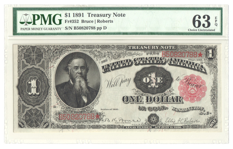 United States Treasury Note 1 Dollar 1891 PMG 63 EPQ

Fr# 352; # B50820788; Si...