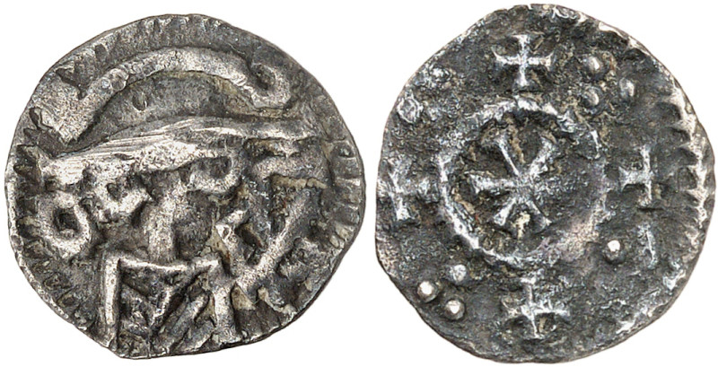 MEROVINGIANS, Marne. Reims. Circa 675-700. Denier (Silver, 15 mm, 1.28 g). Helme...