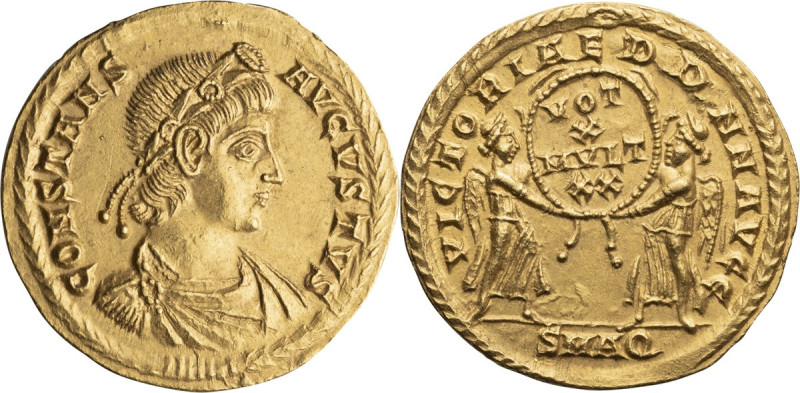 Constans. Solidus; Constans; 337-350 AD, Aquileia, 340-350 AD, Solidus, 4.46g. R...