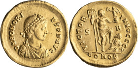 Honorius. Solidus; Honorius; 393-423 AD, Sirmium, 402-408 AD, Solidus, 4.43g. RIC-15d, Depeyrot-34/3. Obv: D N HONORI – VS P F AVG, Bust right. Rx: VI...