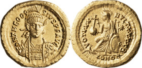 Theodosius II. Solidus; Theodosius II; 402-450 AD, Constantinople, 430-440 AD, Solidus, 4.49g. RIC-257, Depeyrot-81/1. Obv: D N THEODOSIVS P F AVG, Bu...