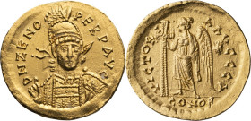 SOLD

Zeno . Solidus; Zeno ; 474-491 AD, Constantinople, Solidus, 4.44g. Berk-26, DO-633, RIC-911 (S). Obv: D N ZENO - PERP AVG Helmeted, cuirassed ...