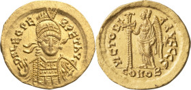 Leo I. Solidus; Leo I; 457-474 AD, Constantinople, 462-466 AD, Solidus, 4.48g. RIC-605, officina 5, Depeyrot-93/1. Obv: Helmeted and cuirassed bust fa...