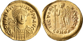 Anastasius I. Solidus; Anastasius I; Constantinople, 491-498 AD, Solidus, 4.37g. DO-3i, MIB-4. Obv: D N ANASTASIVS P P AVG Pearl-diademed, helmeted an...