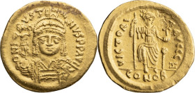 Justin II. Solidus; Justin II; Constantinople, 565-578 AD, Solidus, 4.42g. DO-4g, MIB-5, S-345. Obv: Bust of Justin facing, holding Victory on globe i...