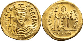 Focas. Solidus; Focas; 602-610 AD, Constantinople, 609-610 AD, Solidus, 4.40g. DO-10e, MIB-9, S-620. Obv: Bust facing. Rx: Victory standing, facing, h...