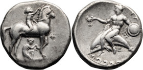 Calabria, Tarentum. Stater; Calabria, Tarentum; 344-334 BC, Stater, 7.70g. Vlasto-510. Obv: Naked rider crowns standing horse, while a boy removes a s...