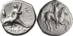 Calabria, Tarentum. Stater; Calabria, Tarentum; c. 355-340 BC, Stater, 7.74g. Vlasto-573. Obv: Naked rider on prancing horse r., lancing downwards; be...