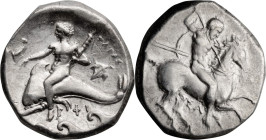 Calabria, Tarentum. Stater; Calabria, Tarentum; c. 355-340 BC, Stater, 7.90g. Vlasto-584. Obv: Naked rider on prancing horse r., lancing downwards; be...