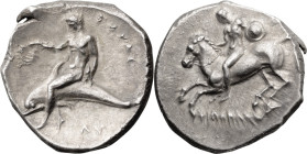 Calabria, Tarentum. AR Nomos; Calabria, Tarentum; c. 281-270 BC, Nomos, 7.86g. Vlasto-688. Obv: Nude warrior on horseback l., holding shield; [ΣΙ] in ...