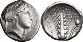 Lucania, Metapontum. AR Nomos; Lucania, Metapontum; 340-330 BC, Nomos, 7.76g. SNG ANS-417; HN Italy-1568; Johnston, Metapontum Class A, 8.3. Obv: Veil...