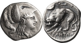 Lucania, Velia. Didrachm; Lucania, Velia; 305/304-293 AD, Didrachm, 7.17g. Williams-406. Obv: Helmeted head of Athena right; crest holder inscribed ΦΙ...