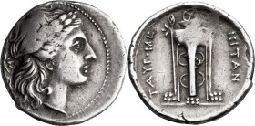 Sicily, Tauromenion. 10 Litrae; Sicily, Tauromenion; 275-210 BC, Litrae, 3.15g. S-1010, SNG Cop-931. Obv: Laureate head of Apollo right. Rx: Tripod le...