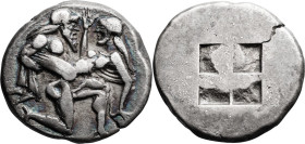 SOLD

Thrace, Thasos. Stater; Thrace, Thasos; 510-490 BC, Stater, 8.85g. SNG Cop-1010, Grose-4195. Obv: Nude ithyphallic satyr forcibly carrying off...