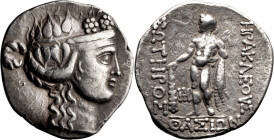 Thrace, Thasos. Tetradrachm; Thrace, Thasos; Tetradrachm, 16.62g. HGC-359. Obv: Head of young Dionysus right, wearing ivy wreath. Rx: Herakles standin...