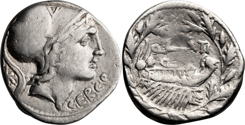 Q. Lutatius Cerco. Denarius; Q. Lutatius Cerco; 109-108 BC, Rome, Denarius, 3.85...