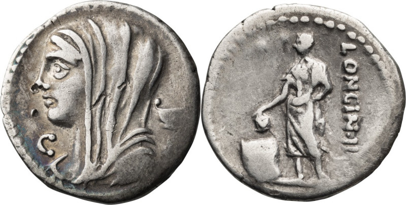 L. Cassius Longinus. Denarius; L. Cassius Longinus; 63 BC, Denarius, 3.75g. Cr-4...