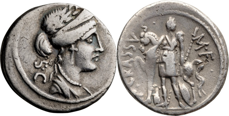 P. Licinius Crassus M.f.. Denarius; P. Licinius Crassus M.f.; 55 BC, Rome, Denar...