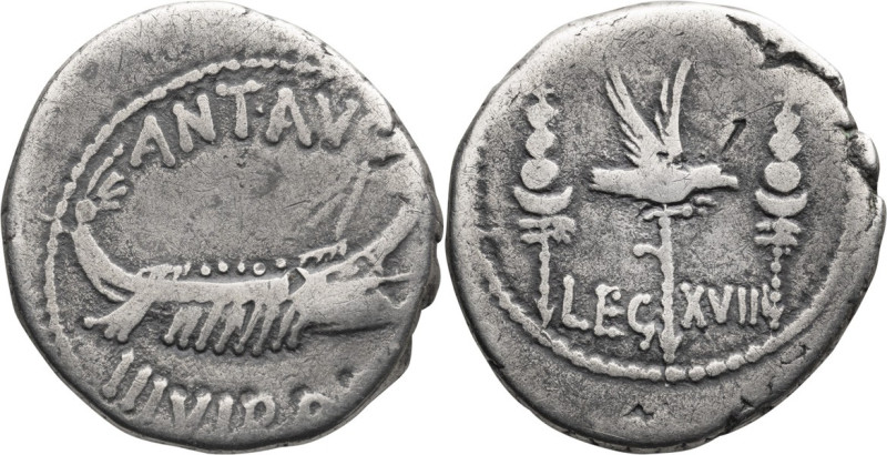 Mark Antony. Denarius; Mark Antony; 32-31 BC, Military mint moving with Antony, ...