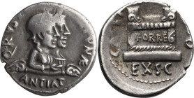 Augustus. Denarius; Augustus; 27 BC-14 AD, Rome, 19 BC, Denarius, 3.77g. Paris-221, C-513, RIC-322 (R2). Obv: Q RVS[TIVS FORT]VNAE ANTIAT, Jugate bust...