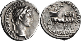 Augustus and Tiberius. Denarius; Augustus and Tiberius; Lugdunum, 13-14 AD, Denarius, 3.79g. RIC-222 (R), BM-512, Paris-1688, C-300 (6 Fr.). Obv: [CAE...