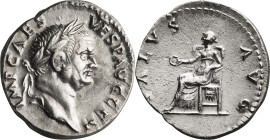 Vespasian. Denarius; Vespasian; 69-79 AD, Rome, 73 AD, Denarius, 3.32g. RIC-513, BMC-105, C-431. Obv: IMP CΛES VESP ΛVG CEN, laureate head r. Rx: SALV...
