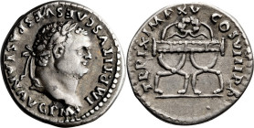 Titus. Denarius; Titus; 79-81 AD, Rome, 80 AD, Denarius, 3.42g. RIC-109. Obv: IMP TITVS CAES VESPASIAN AVG P M, Laureate head r. Rx: TR P IX IMP XV CO...