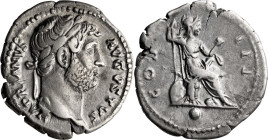 Hadrian. Denarius; Hadrian; 117-138 AD, Rome, 125-128 AD, Denarius, 3.37g. RIC-163. Obv: HADRIANVS AVGVSTVS, laureate head r. Rx: COS III, Roma seated...