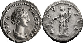 Faustina I, Diva. Denarius; Faustina I, Diva; Rome, 140-161 AD, Denarius, 3.58g. RIC-360a. Obv: DIVA FAVSTINA, Bust of Faustina I, draped, right, hair...