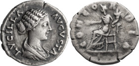 Lucilla. Denarius; Lucilla; Rome, 164-180 AD, Denarius, 2.99g. RIC-759. Obv: LVCILLA AVGVSTA, bust right Rx: CONCORDIA, Concordia, draped, seated left...