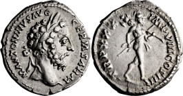 Marcus Aurelius. Denarius; Marcus Aurelius; 161-180 AD, Rome, 175-176 AD, Denarius, 3.25g. RIC-349. Obv: M ANTONINVS AVG GERM SARM, Laureate head r. R...