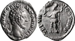 Commodus. Denarius; Commodus; 177-192 AD, Rome, 182 AD, Denarius, 3.18g. RIC-43, BMC-93. Obv: M COMMODVS ANTONINVS AVG, Laureate head r. Rx: TR P VII ...