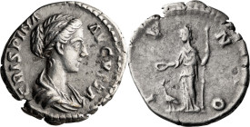 Crispina. Denarius; Crispina; Rome, 178-191 AD, Denarius, 3.12g. RIC-283. Obv: CRISPINA AVGVSTA, bust draped r. Rx: IVNO, Juno holding patera and scep...