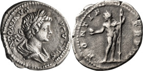 Caracalla. Denarius; Caracalla; 198-217 AD, Rome, 200 AD, Denarius, 3.21g. RIC-30b. Obv: Laureate bust r. Rx: Caracalla, naked except for cloak over l...