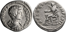 Geta as Caesar. Denarius; Geta as Caesar; 198-209 AD, Rome, 200-202 AD, Denarius, 3.33g. RIC-20. Obv: Bare-headed, draped bust r. Rx: Securitas, drape...