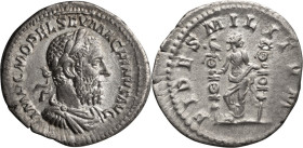 Macrinus. Denarius; Macrinus; 217-218 AD, Rome, Denarius, 3.10g. RIC-67. Obv: IMP C M OPEL SEV MACRINVS AVG, Laureate bust r. Rx: FIDES MILITVM, Fides...