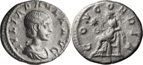 Julia Paula. Denarius; Julia Paula; Rome, 219-220 AD, Denarius, 2.96g. RIC-211. Obv: Bust of Julia Paula,  draped, right. Rx: Concordia, draped, seate...