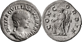 Aquilia Severa. Denarius; Aquilia Severa; Rome, 220-222 AD, Denarius, 1.97g. RIC-225. Obv: IVLIA AQVILIA SEVERA AVG, Bust right. Rx: Concordia, draped...