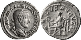 Maximinus I Thrax. Denarius; Maximinus I Thrax; 235-238 AD, Rome, 235-236 AD, Denarius, 3.02g. RIC-14. Obv: IMP MAXIMINVS PIVS AVG, Laureate bust righ...